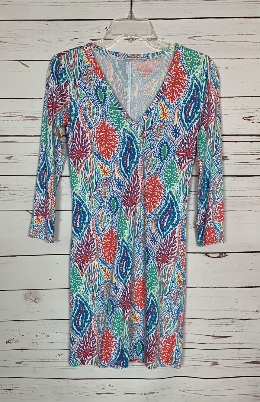 Lilly Pulitzer Women's XS Extra Small Coral Blue Pima Cotton 3/4 Sleeves Dress